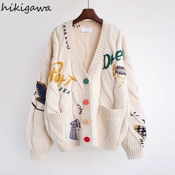 Hikigawa Femei De Moda Pulover De Iarna Haine Noi V Gatului Maneca Lunga Scrisoare Broderie Design Tricotat Caigidan De Sex Feminin Strat Chic