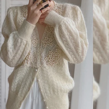 Noi Femeile Coreene Elegant Mohair Pulover Cardigan Primavara Toamna Gol Margele Perla Buton Sus Pulover Tricotat Femei Haina