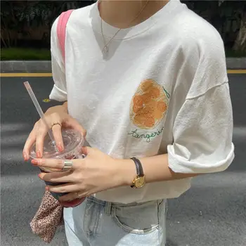 Maneci scurte T-shirt Femei Portocaliu de Bază de Design Clasic coreean Dulce Stil Minunat Vrac Slim High Street Licitație de sex Feminin Topuri Chic