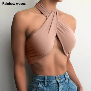 Rainbowwaves Femei Strappy Ștreangul De Moda Culturilor Topuri Sexy Femeie Fără Mâneci Fara Spate Rezervor De Top Scurt Streetwear Trunchiate Negru