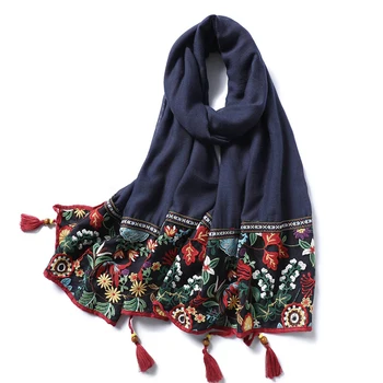 Broderie dantelă de Bumbac Eșarfă Femei Vintage Print Floral Șaluri și Împachetări cu Ciucuri Pashmina Doamna Foulard Hijab Musulman Sjaal