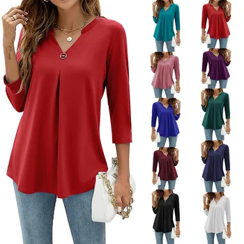 2022 Toamna/Iarna Îmbrăcăminte pentru Femei 3/4 Sleeve V Neck Împânzit Cutat T-Shirt Top Culoare Solidă Vrac Pulover Casual Moda Camasi