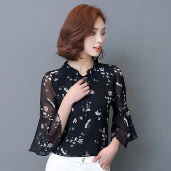 Flare Sleeve Bluza Șifon Bluze Pentru Femei De Vară Arc Nod Scurt Moda Coreeană Haine Imprimeu Floral Top Blusa Feminino