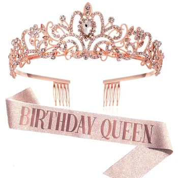 Ziua de naștere a Reginei Fata de Satin Sash Coroana de Cristal pentru Femei Copii Ziua de nastere Decoratiuni pentru Adulti 18 21 30 50 Ziua DIY Consumabile Partid