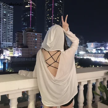 Mânecă lungă T-shirt Femei de Vara cu Spatele gol cu Gluga Sexy Subțire de Moda coreea Style All-meci Vrac Solid Topuri de Femei Petrecere Chic