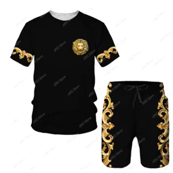 Vara Aur Model Cap de Leu Tipărite Barbati tricou/pantaloni Scurți/Costum Grafic O-gât T Cămașă cu Mânecă Scurtă și pantaloni Scurți pentru Bărbați Trening