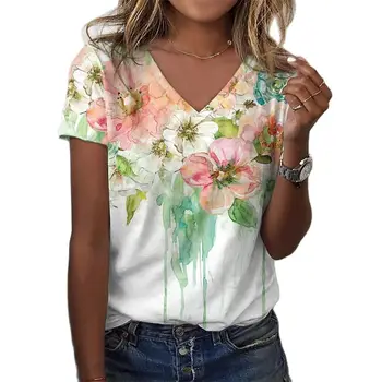 Vara Casual Femei Florale Abstracte Pictura T Shirt de Imprimare Grafic V Neck Top de Bază Moda de Imprimare 3d Supradimensionate, Haine Lejere