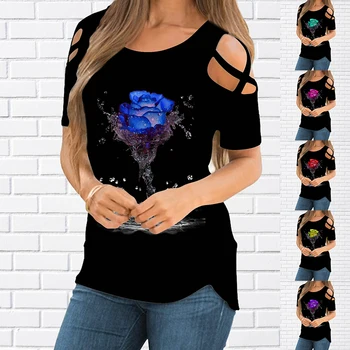 Moda 3D Rose Print T-shirt Femei Pulover Gât Rotund tricou Casual de Vara Vrac Maneci Scurte Pulllover New2022
