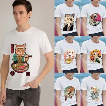 Vara Man T-shirt Japoneză Caracteristică de Desene animate Pisica Model de Serie O-neck Barbati cu Maneci Scurte Topuri S-XXXXXL Alb Clasic Masculin Tees