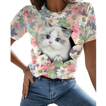 Popular în timpul verii 3D stropi de cerneală de imprimare pisica drăguț T-shirt poliester, 2021 casual pentru bărbați și femei interesante gât rotund îmbrăca