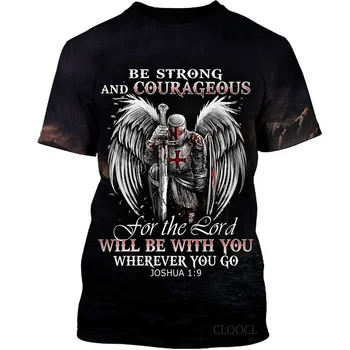 Black Angel Cavaler European Retro Templieri Print Rotund Gât T-shirt Barbati Casual la Modă Încă Maneci Scurte T-Shirt Îmbrăcăminte