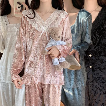 2022 Iarna cu Maneci Lungi V-neck Aur Catifea Pijama Seturi pentru Femei coreea Drăguț Pijamale Pijama Homewear Pijama Mujer Haine de Acasă