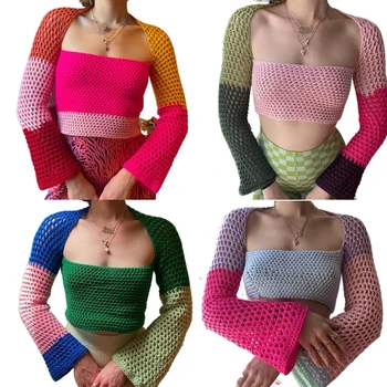 Y2K Mozaic Tricotate Crop Top 90 de Epocă Gol Afară de Croșetat T-shirt Femei Chic Kawaii Pulover Pulovere Fairycore Streetwear