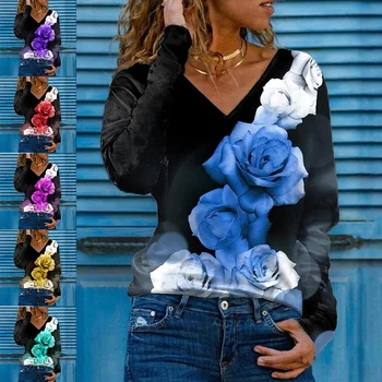 2022 Toamna de Moda pentru Femei Nou 3D de Imprimare Gradient Crescut tipar Digital V-Neck Maneca Lunga T-Shirt