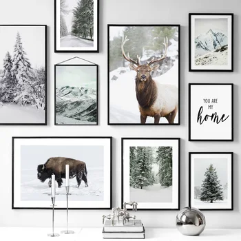 Arta De Perete Panza Pictura Winter Hill Zăpadă Pădure De Pin Cerb Bison Nordic Postere Si Printuri Poze De Perete Pentru Living Decorul Camerei