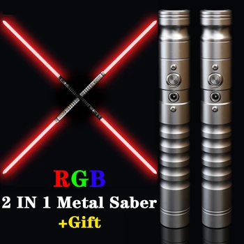 Cu două tăișuri Sabie cu Laser RGB 7 Culori Schimbare a CONDUS Sabia Două Într-O singură Comutare Sunet Plin Mâner de Metal Force FX Blaster Jucărie
