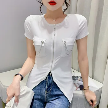 #5119 Negru Alb Galben Asimetric T Camasa pentru Femei cu Fermoar Sexy Skinny T Shirt O-neck Bumbac Stil coreean Tricou Femme Vara
