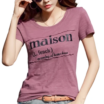 Vara Liber De Femei Din Coreea De Bumbac Aplicatii Tricou Femeie Scrisoare De Imprimare Maneci Scurte Tee Shirt Purple O-Gât Birou Doamnă Topuri