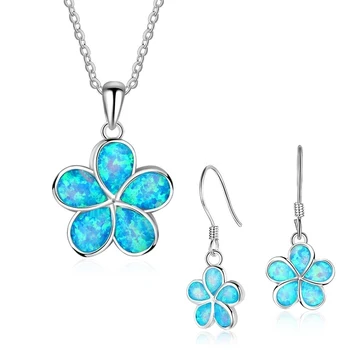 Femei Drăguț Floare Albastra Imitatie Opal Colier Cu Cercei Pentru Femei Accesorii Set De Bijuterii De Moda Iubitor De Cadou