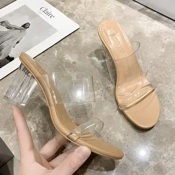 Vara Tocuri Femeie Sandale Clar Pantofi De Cristal Transparent Doamnelor Sexy Deget De La Picior Pătrat De Plajă Papuci De Plaja Zapatillas Mujer