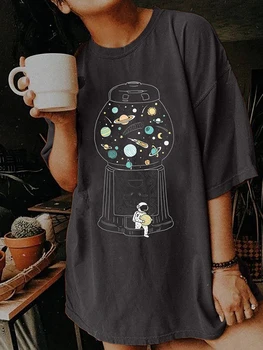 Amuzant Astronaut Imprimare Picătură de Umăr Femei T-shirt Gât Rotund Vara Vrac Tricou 90 Femme de Epocă Vechi Teuri de Sus Haine pentru Femei
