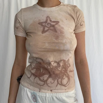 Star Print Retro Crop Top de Vara cu Maneci Scurte Transpirații Teu 90 de Epocă Femei Y2K T-shirt Estetica Zână Grunge Streetwear
