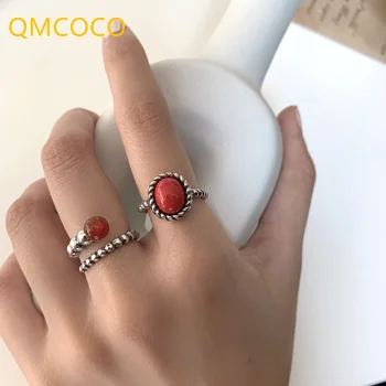 QMCOCO Culoare Argintie Inele Pentru Femei de Moda Noua Epocă de Piatră Roșie Lanț de Țesut Geometrice Partid Cadouri Bijuterii