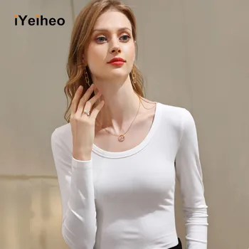 S-5XL Femei din Bumbac tricou Vara Primavara Toamna cu maneci Lungi T-shirt, O-neck Slim Topuri Teuri Elasticitatea Tesatura Pulovere Femei