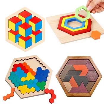 Montessori Tangram 3D Puzzle din Lemn Geometrie Puzzle din Lemn Constructor Tabla de joc jucarii educative pentru copii cadouri