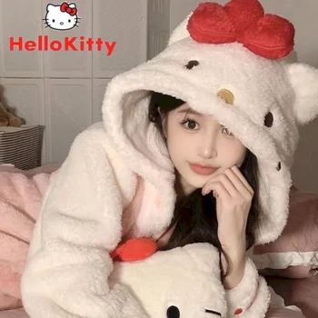 Sanrio Kawaii Iarna Hello Kitty Haine De Desene Animate Ins Coral Fleece Pijamale Groase Cald Drăguț Pijamas Femei Acasă Purta Cămăși De Noapte Roz