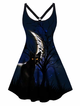 Plus Dimensiune Luna Pisică Neagră Crengi Galaxy Mini Rochie De Imprimare Femei Casual Animal Print Tank Halat