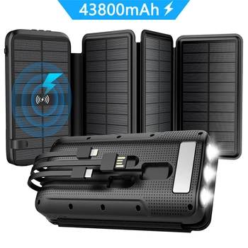 43800mAh Solar Power Bank 5W Încărcător Wireless Qi Construit în Cablu Powerbank Pentru iPhone 13 12 Samsung Xiaomi Poverbank cu Lumina