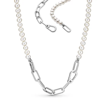 Noua Epocă de Argint pentru Femei Lanț de Gât Link-ul de Plasă Colier Cu Mine Perle Colier Diy Pandantiv Moda de Lux Neck Bijuterii Cadou