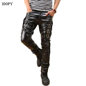 Idopy New Sosire Mens coreean Gotice Punk Petrecere Costum de Pantaloni din Imitatie de Piele PU Catarame Hip Hop Pantaloni Negri de sex Masculin