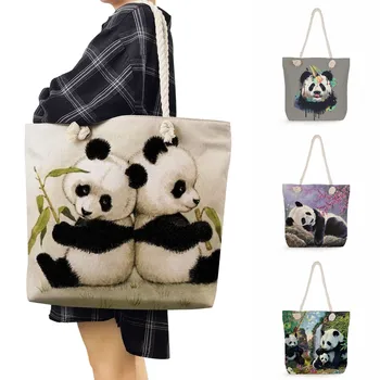 Panda Drăguț Imprimate Genți De Mână Portabil Casual Femei Geantă De Umăr Student Frânghie Groasă De Sac De Tote Doamnelor Lenjerie De Animale Geanta Shopper