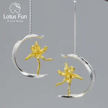 Lotus Distractiv Elegant Iris Flori și Frunze Legăna Cercei Real Argint 925 cu Aur de 18K Cercei pentru Loma Handmade Bijuterii Fine