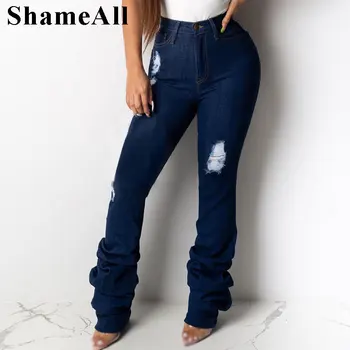 Femei Plus Dimensiune Rupt Stivuite Flare Jeans 2XL Toamna Trendy Tinuta de Club Purta Talie Mare Clopot-fund Full-lungime Pantaloni Denim