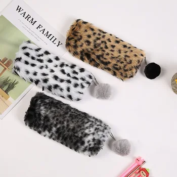 Iarna Noi Pen Sac Copiii Europene și Americane Leopard de Pluș Pen Saci de Moda de Păr Mingea Creion de Depozitare Creative Papetărie