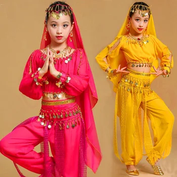 Copii Belly Dance Costume pentru Fete Orientale Indiene Scena de Dans Costume Set 4BUC(Top Tricou+Cap Eșarfă+Talie Lanț+Pantaloni)