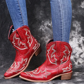 Noile Cizme de Cowboy pentru Femei Subliniat Toe Pantofi pentru Femei Relief Pantofi de piele de Căprioară de la Jumătatea Vițel Chunkys Toc VintageShort Tub Cavaler de Boot