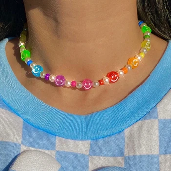 Y2K Bijuterii Bomboane de Culoare Zâmbet Colier pentru Femei Harajuku Vintage Dragut Colier de Perle Farmecul anilor ' 90 Estetice Noi Cadouri