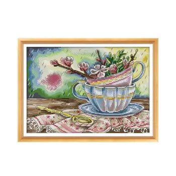 Cross Stitch Kituri Ștampilată Tesatura 11ct 14ct DIY Ceașcă de ceai Și Floare de Piersic Broderie Set Cu Simboluri Clare Fir de Bumbac Pictura