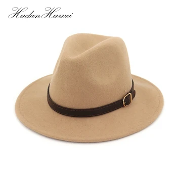 100% Lana Unisex Bărbați Femei Culoare Solidă Pălării Fedora cu Catarama Margine Largă de Jazz Trilby Hat pentru Femei Rochii Chapeau Biserica Pălării
