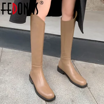 FEDONAS Populare de Moda Toamna Iarna Femei Cizme Genunchi Ridicat Concis din Piele Tocuri Joase Square Toe Pantofi Femei Casual