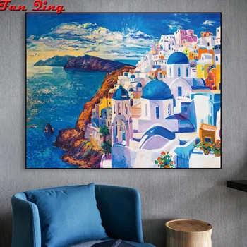 5D DIY Diamant Pictura Abstractă greacă Albastru de Santorini peisaj Plin de Rășină Pătrat Diamant Broderie Mozaic cruciulițe Cadou