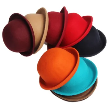 Copii adulți Flat-top Fedora Pălărie de Culoare Pură Imitație de Lână de Jazz Pălărie Margine Largă Doamnelor Rotund Elegant Pălărie Melon