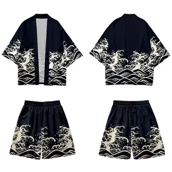 Val Tipărite Bărbați Kimono Japonez Casual Cardigan Vrac Și Pantaloni Scurți De Plajă Set Asiatice Haine Harajuku