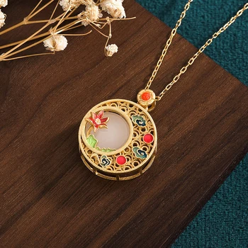 Naturale hetian jad email rotund de flori colier pandantiv de aur vechi meșteșug Retro vintage stil Cheongsam accesorii bijuterii