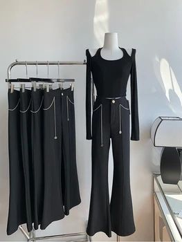 Femei Toamna Iarna 2022 Talie Mare Culoare Solidă Negru Clopot De Jos Vrac Vintage Lanț Decor Flare Pantaloni De Bază, Simplu, Elegant