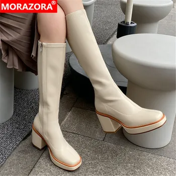 MORAZORA 2022 dimensiuni mari 33-43 femei cizme tocuri groase square toe platforma genunchi ridicat cizme de iarnă ține de cald doamnelor pantofi